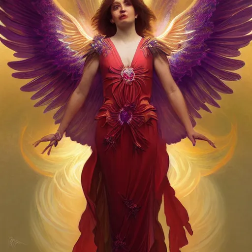 Image similar to a beautiful orchid phoenix angel woman, in an ornamented dress with large wings, volumetric light, god rays, 8 k high resolution, rubies, by greg rutkowski, alphonse mucha, artgerm,