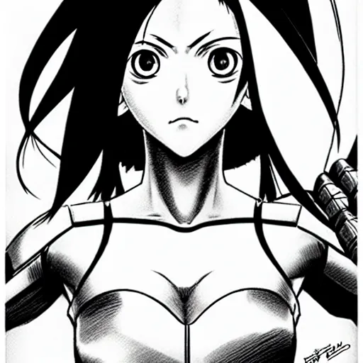 Image similar to alita by yukito kishiro. medium shot. black and white manga. pencil drawing.