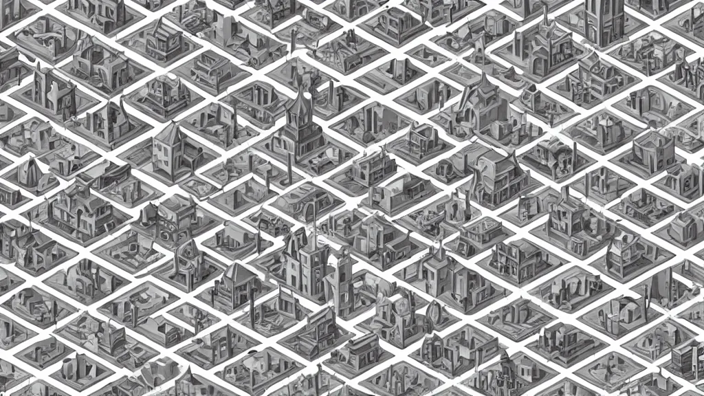 Image similar to infrared resounding isometric stencil village / city setting