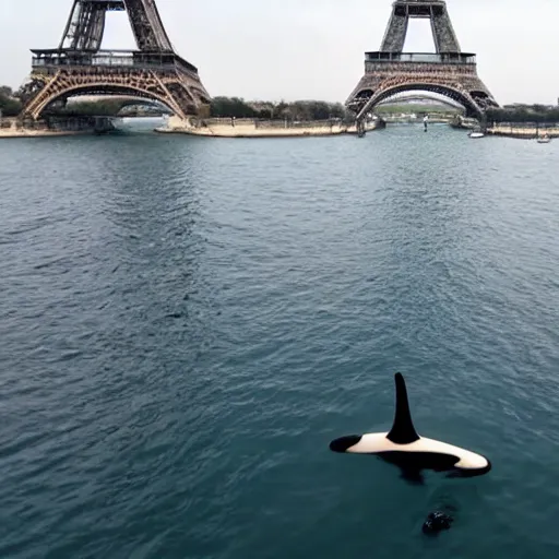 Image similar to orca whales swimming past the Eiffel Tower, 4k