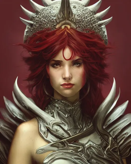 Image similar to Portrait of a Fantasy crimson knight, moonlit, HD, illustration, epic, D&D, fantasy, intricate, elegant, highly detailed, digital painting, artstation, concept art, smooth, sharp focus, illustration, art by artgerm and greg rutkowski and alphonse mucha, monster hunter illustrations art book