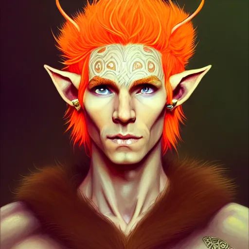 Image similar to portrait painting of an elven eladrin young man with very short light orange hair and tribal tattoos in his cheekbones wearing fur armor, d & d, rpg, sharp focus, award - winning, trending on artstation, masterpiece, highly detailed, intricate. art by josan gonzales and moebius and deathburger