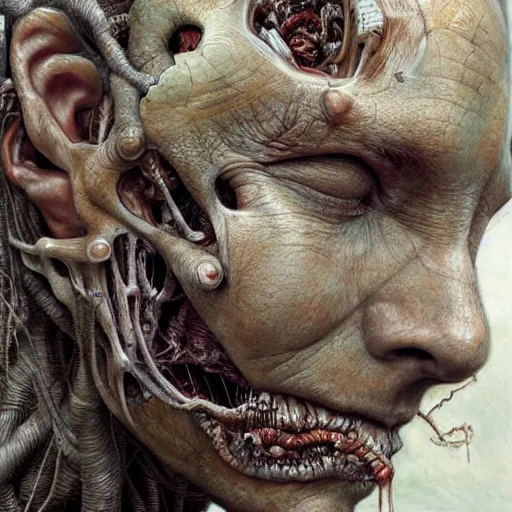 Image similar to Broken god, hyper-realistic oil painting, Body horror, biopunk, by Peter Gric, Marco Mazzoni