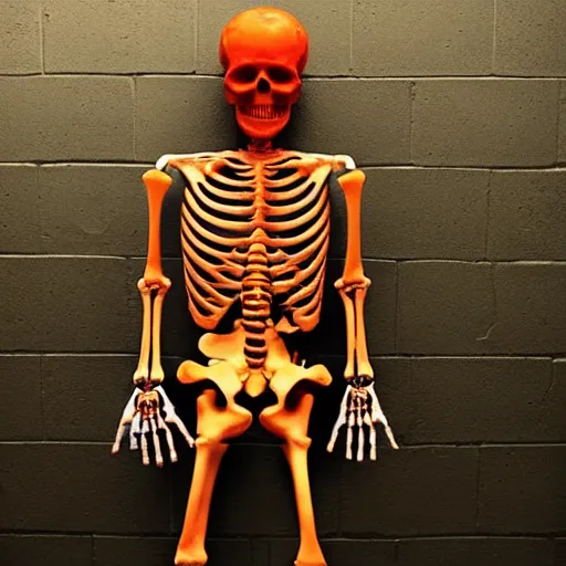 Image similar to a skeleton. his hands looks like traffic - cones. full body photography.