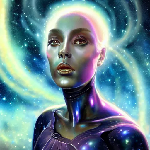 Prompt: a beautiful portrait of a galaxy goddess by Jim Burns, Trending on Artstation, nebula background