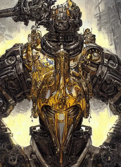 Image similar to dynamic portrait of a intricate glorious holy mechanical warforged character in yellow armor holding a paladin engraved great longsword and carrying a big paladin shield, spotlight from face , epic , trending on ArtStation, masterpiece, cinematic lighting, by Jesper Ejsing and by Philippe Druillet and by Yoann Lossel and by John Salminen