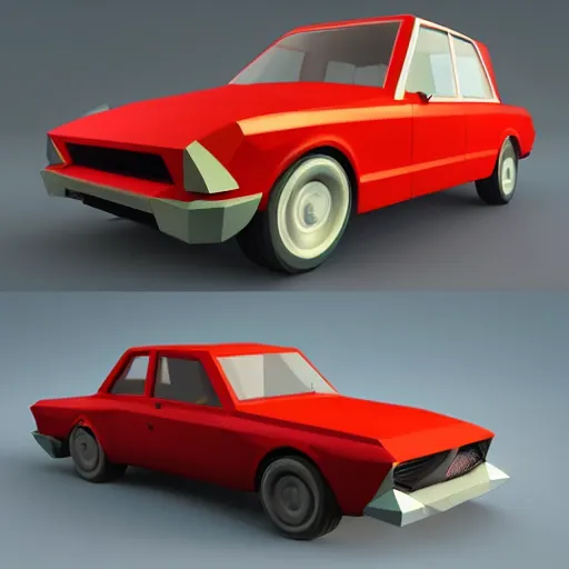 Prompt: a 3d low poly game object of a retro car from eastern Europe