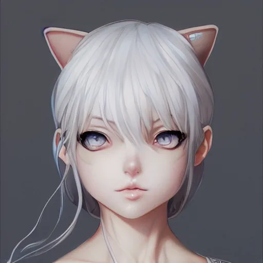 Image similar to Adorable Cat girl, white hair and Luminescent eyes, highly detailed, by Range Murata, artgerm, digital illustration, beautiful, concept art