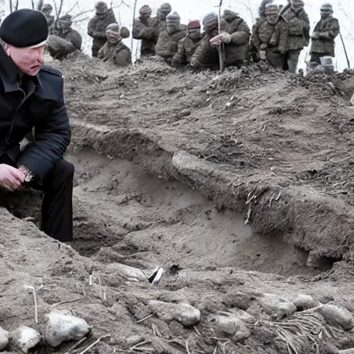 Image similar to Putin is sitting in the trenches and defending himself from Ukrainian troops, Constructivism Style