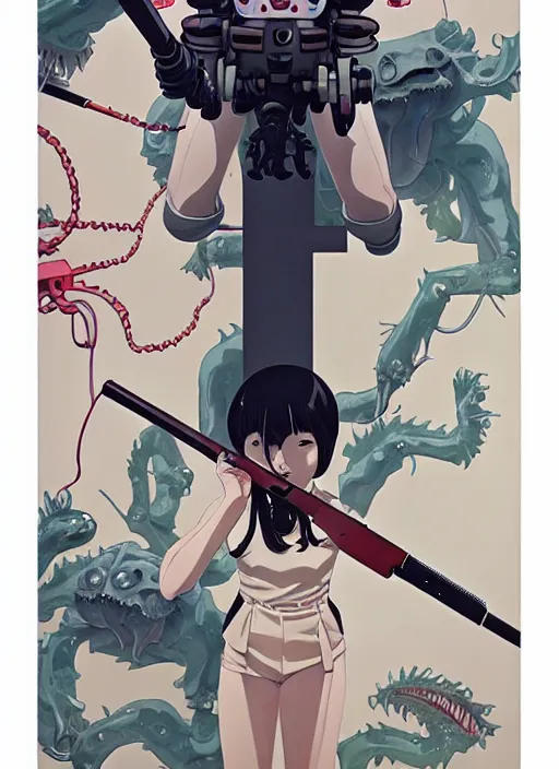 Image similar to Artwork by James Jean and Phil noto and hiyao Miyazaki ; a young Japanese future police lady named Yoshimi battles an evil natures carnivorous robot on the streets of Tokyo; Art work by hiyao Miyazaki, Phil noto and James Jean