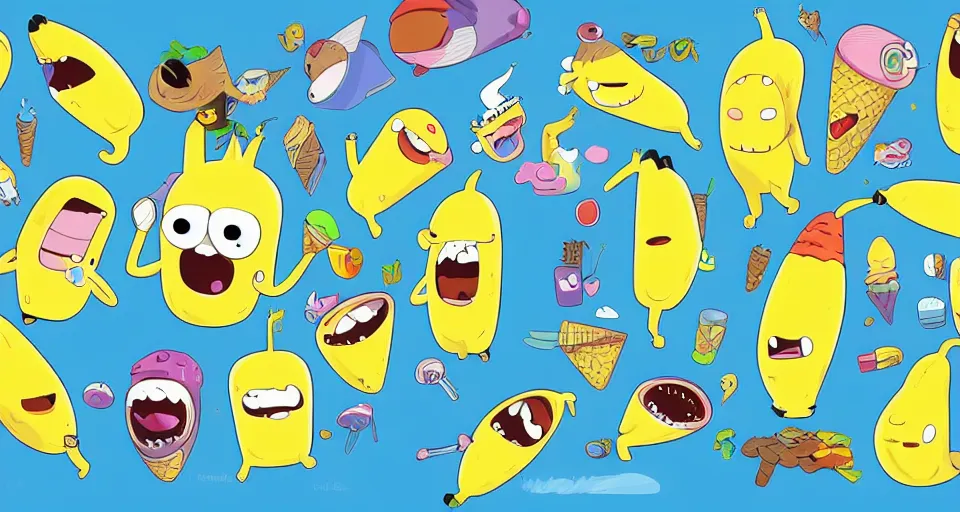 Image similar to cartoon bananas with wings and beaks, swimming in ice cream, in the style of adventure time, the amazing world of gumball, pixar, makoto shinkai, trending on artstation