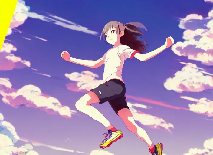 Prompt: high school runner girl, sunny sky background stadium landscape illustration concept art anime key visual trending pixiv fanbox by wlop and greg rutkowski and makoto shinkai and studio ghibli and kyoto animation symmetry red sports clothing marathon yellow running shoes number tag