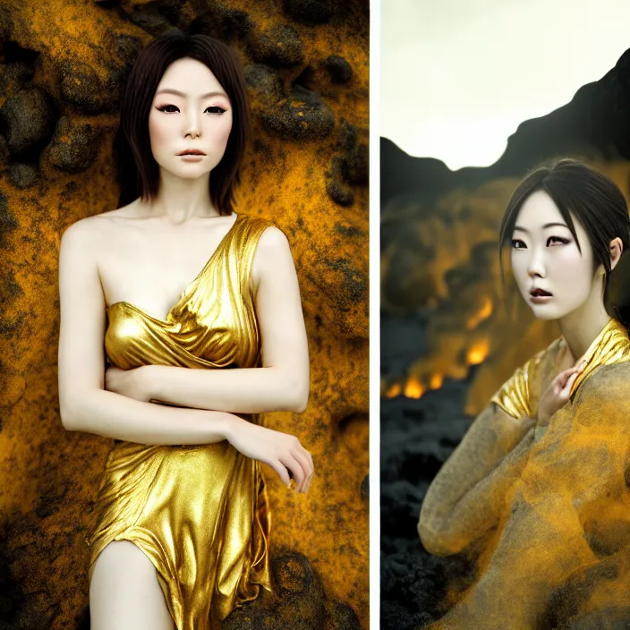 Image similar to Kodak Portra 400, 8K, soft light, volumetric lighting, highly detailed, Rena Nounen style 3/4 ,portrait photo of a Japanese ravishing Goddess by WLOP, the face emerges from a lava flowing gold travertine terraces with lotus flowers, inspired by Ophelia paint , a beautiful chic dress and hair are intricate with highly detailed realistic beautiful flowers , Realistic, Refined, Highly Detailed, ethereal lighting colors scheme, outdoor fine art photography, Hyper realistic, photo realistic, masterpiece