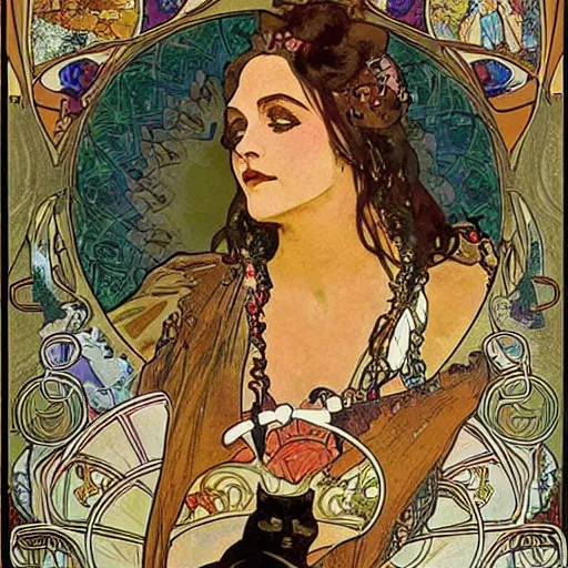 Image similar to a posters of Gypsy lady doing tarot card reading inside a gypsy caravan surrounded by cats in art nouveau from 1878, Alphonse Mucha, decorative panels, old paper, soft colors