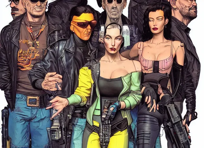 Image similar to cyberpunk heist crew. portrait by stonehouse and mœbius and will eisner and gil elvgren and pixar. character design. realistic proportions. dystopian. cyberpunk 2 0 7 7, apex, blade runner 2 0 4 9 concept art. cel shading. attractive face. thick lines.