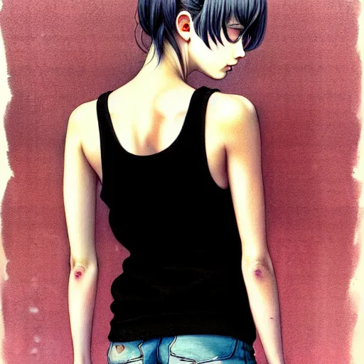 Image similar to richly detailed color  illustration of a dainty pretty young woman wearing a tank top, 'Southern Death Cult' is the theme, very soft shadowing, smooth textures, large scale image. art by Range Murata.