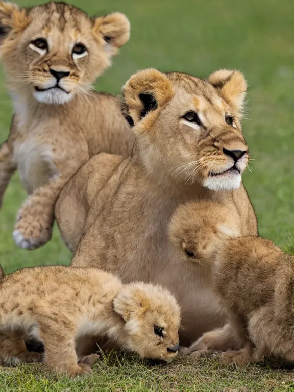 Image similar to 4K HD, high detail photograph, shot with Sigma f/ 4.2 , 250 mm sharp lens, shallow depth of field : (subject= jumping baby lion and a baby duck + subject detail= accurate body features, consistent, high detailed light refraction , high level texture render)