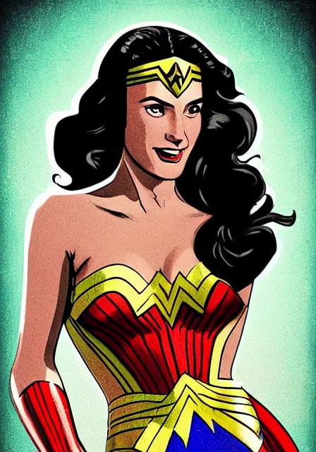 Prompt: digital art, close-up shot, kodachromatic studio portrait of Wonder Woman in her 20s, double split halter open thigh dress, smiling, looking at viewer,symmetry,face symmetry, in the style of 1950s pinups, illustration by Warren Louw, volumetric aqua and golden lighting gothic background,photorealistic, realistic, ultra detailed, unreal engine, octane render, 8k resolution