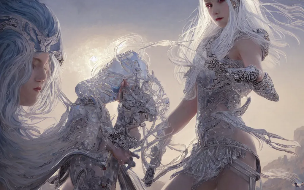 Prompt: white hair knights of zodiac girl, sliver ice color reflected armor, kung fu fighting in ruined agora of athens sunrise, ssci - fi and fantasy, intricate and very very beautiful and elegant, highly detailed, digital painting, artstation, concept art, smooth and sharp focus, illustration, art by tian zi and wlop and alphonse mucha