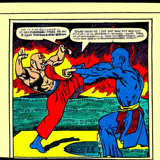 Prompt: a water temple with a shaolin bender, by steve ditko