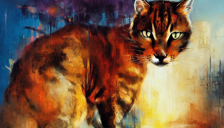 Image similar to contemporary semi abstract acrylic painting of really tall cats by william turner, by greg rutkowski, kessler art, thick brush strokes and visible paint layers, multicolor color scheme