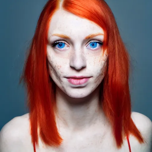 Prompt: close up of face of good looking 1 9 year old pale woman with blue eyes, no makeup, freckles, strong jawline, skinny, short straight orange hair in a bob style, red t shirt, color portrait, flash photography 4 k