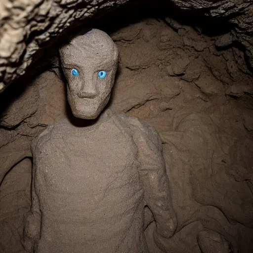 Image similar to found footage of a man made of grayish clay emerging from a wall inside of a cave made of grayish clay, creepy, flash photography, unsettling, moist