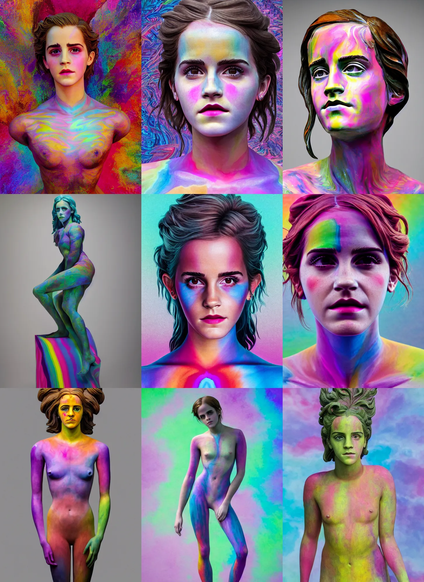 Prompt: full body statue of Emma Watson by Jean-Baptiste Carpeaux and Luo Li Rong and Michael James Talbot, all body, perfect symmetrical face, colorful, psychedelic psychedelic psychedelic colors, fresh rainbow bodypainting, synthwave, in full growth, elegant, realistic, 8K, female full-skin figure, hyperrealism, subsurface scattering, raytracing, rim light, Octane Render, Redshift, Zbrush, H R Giger, Zdzisław Beksiński, complex psychedelic glitch background