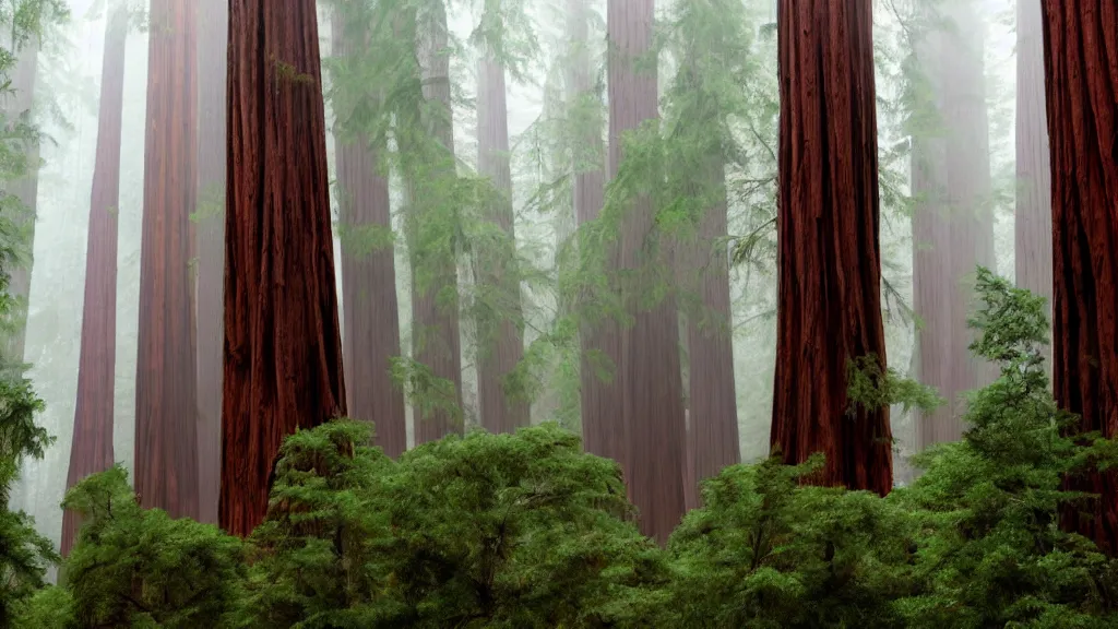 Image similar to redwood forest sequoia very tall trees beautiful concept art misty