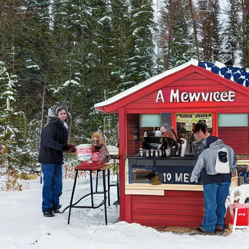 Image similar to a family of moose selling coffee at a stand in new hampshire, realistic, 8 k