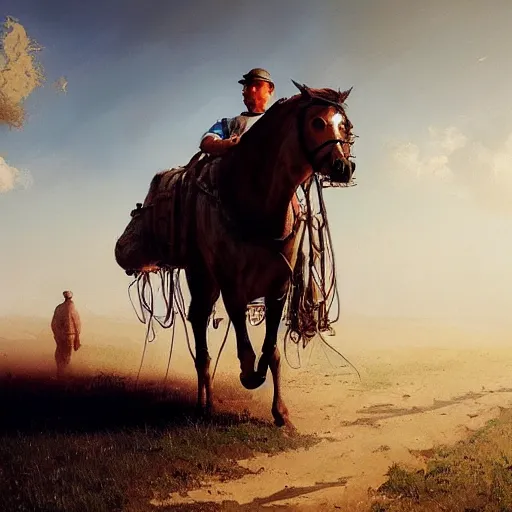 Image similar to a man carries a horse, hyperrealism, no blur, 4 k resolution, ultra detailed, style of ron cobb, adolf hiremy - hirschl, syd mead, ismail inceoglu, rene margitte