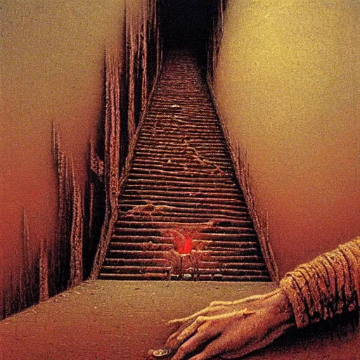 Prompt: a highly detailed oil painting, a stairway descending into hell, painted by beksinski