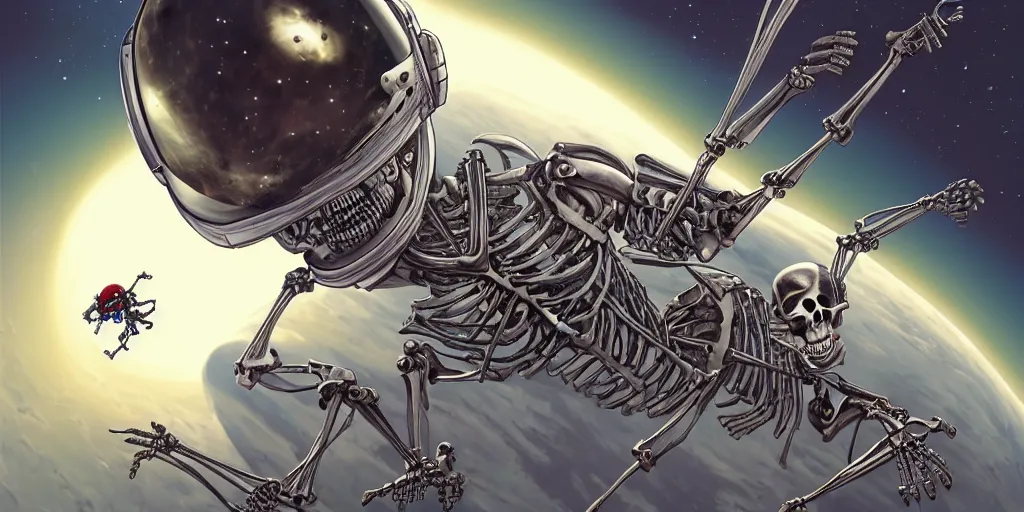 Image similar to a cyborg skeleton astronaut floating in a space shuttle by Mark Brooks, highly detailed, trending on artstation