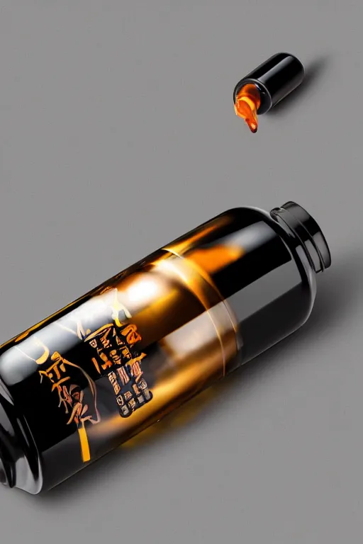 Prompt: art concept of a modern liquid dietary supplement in a black bottle designed like a racing tyre mixed with a an exotic woodboard, cold sober tones, style by huang guangjian