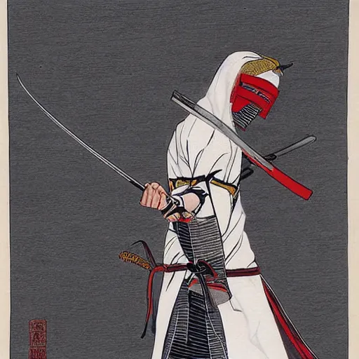 Image similar to a beautiful White cloaked Samurai Warrior with Sword Drawn by Mitsuru Adachi