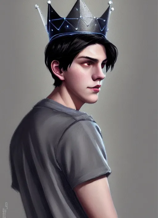 Image similar to portrait of teenage jughead jones wearing a light grey crown, photorealistic, crown, eyes closed, crown, black hair, intricate, elegant, glowing lights, highly detailed, digital painting, artstation, concept art, smooth, sharp focus, illustration, art by wlop, mars ravelo and greg rutkowski