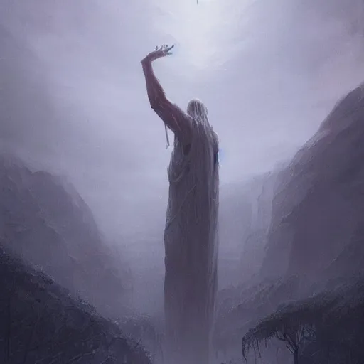 Image similar to a beautiful terrifying immense pale humanoid giant looms over a tiny human. ethereal horror fantasy art by greg rutkowski