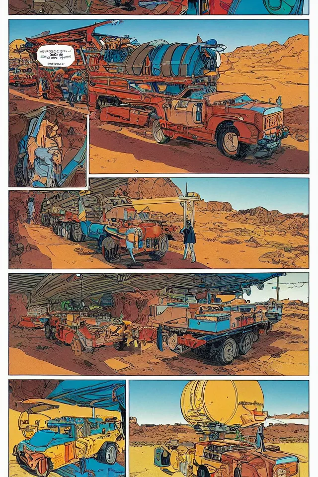 Prompt: colorfull comicpage with panels and speech balloons by Moebius and Jean Giraud showing a futuristic oil truck driving through the desert, airtight garage