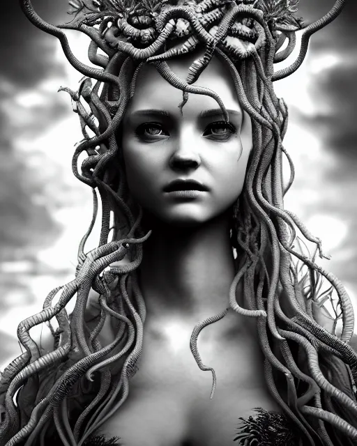 Image similar to mythical dreamy underwater black and white photo of a translucent beautiful young female angelic - medusa - vegetal - doll, highly detailed, intricate crystal ivy jelly ornate, poetic, translucent algae ornate, digital art, octane render, 8 k artistic photography, photo - realistic, hg giger