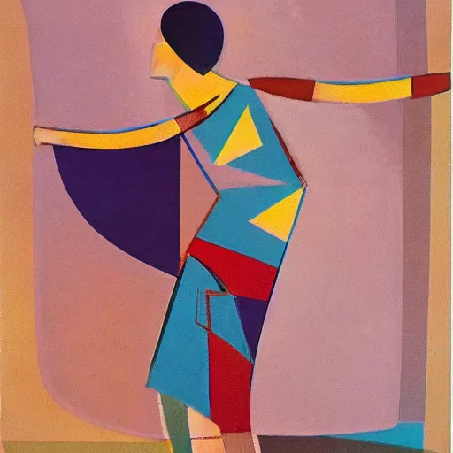 Prompt: beautiful sunset, 1 9 6 0 s woman dancing, cubism, muted colors, texture