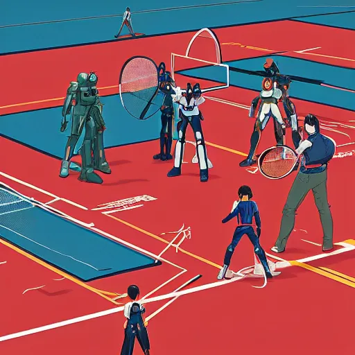Prompt: illustration of gundam action figures on a badminton court by ilya kuvshinov katsuhiro otomo