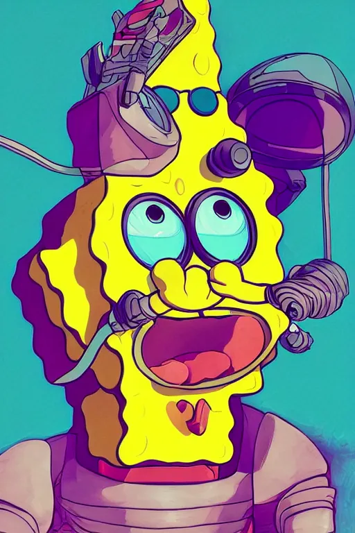 Image similar to portrait concept art painting of alternate reality spongebob, artgerm, moebius, inio asano, toon shading, cel shading, smooth, calm, tranquil, vaporwave colors,