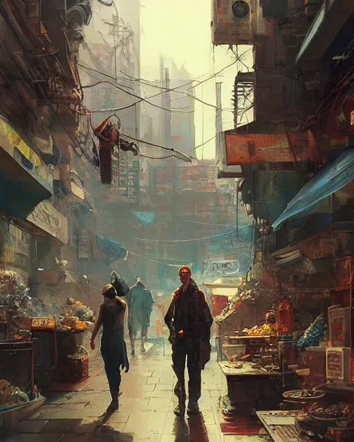 Image similar to a highly detailed epic cinematic concept art CG render digital painting artwork: cyberpunk street market. By Greg Rutkowski, in the style of Francis Bacon and Syd Mead and Norman Rockwell and Beksinski, open ceiling, highly detailed, painted by Francis Bacon and Edward Hopper, painted by James Gilleard, surrealism, airbrush, Ilya Kuvshinov, WLOP, Stanley Artgerm, very coherent, triadic color scheme, art by Takato Yamamoto and James Jean