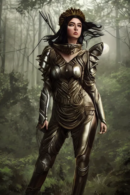 Image similar to Greek Goddess Artemis in moonlit forest wearing leather !!ranger!! armour, surrounded by !animals!, medium shot portrait by artgerm loish and WLOP, octane render, dynamic lighting, asymmetrical portrait, dark fantasy, cool toned, trending on ArtStation