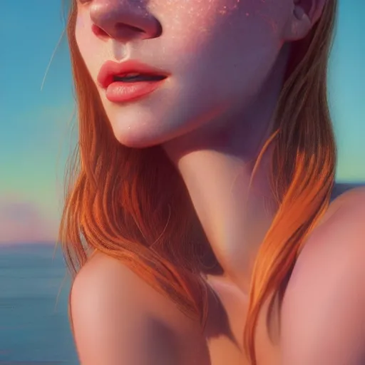 Prompt: portrait of a cute thin young woman, red blush, cute freckles, smug smile, modern clothes, relaxing on the beach, golden hour, close up shot, soft focus, 8 k, art by irakli nadar, hyperrealism, hyperdetailed, ultra realistic