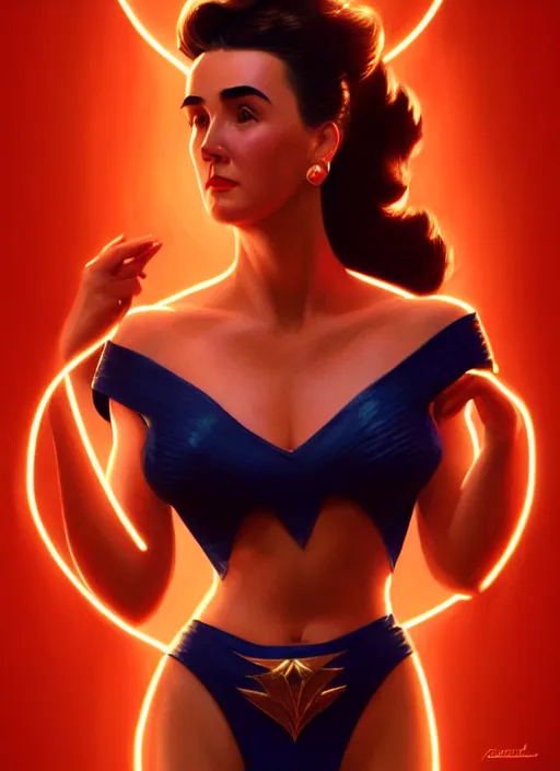 Image similar to portrait of 1 9 5 0 s darna, jennifer connelly, intricate, elegant, glowing lights, highly detailed, digital painting, artstation, glamor pose, concept art, smooth, sharp focus, illustration, art by wlop, mars ravelo and greg rutkowski