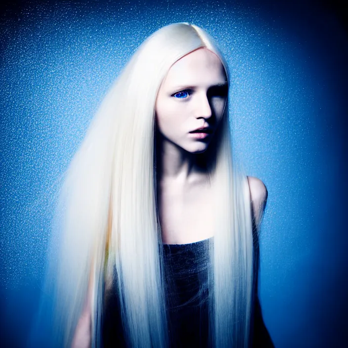 Prompt: simulating photography of a beautiful woman with long blond hair dressed in long white, fine art photography light painting in style of Paolo Roversi, professional studio lighting, volumetric lighting, dark blue background, hyper realistic photography, fashion magazine style