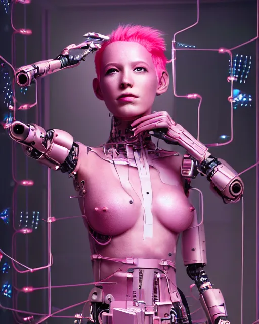 Image similar to portrait of a beautiful french woman with pink hair as a cyberpunk cyborg half robot, skin open to reveal wires and electronics, sci - fi, missing panels, intricate abstract upper body intricate artwork, concept art, octane render, deviantart, cinematic, key art, hyperrealism, iridescent accents, portrait photograph, nikon 3 5 mm, photograph by greg rutkowski