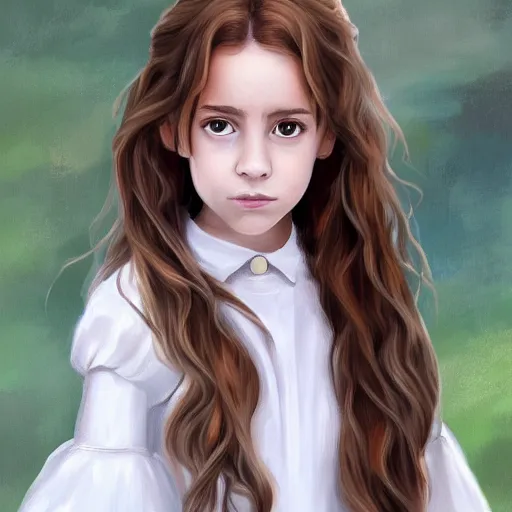 Image similar to Hermione Granger as a young girl in white dress art drawn in art style of WLOP full HD 4K highest quality realistic beautiful gorgeous natural WLOP artist painting