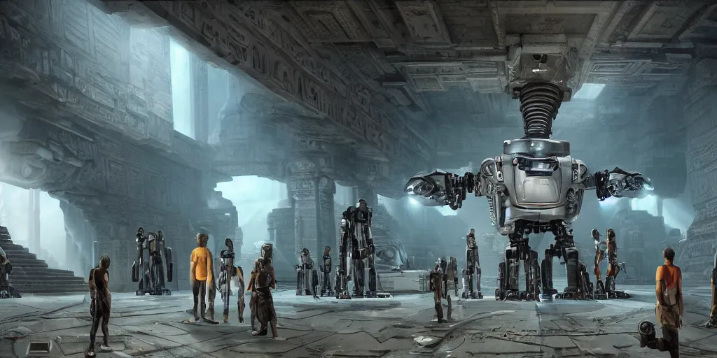 Image similar to sci fi robot repair shop with huge robots, symmetrical design, full body, full profile, inside of an egyptian temple, from avatar ( 2 0 0 9 ), artstation, volumetric light, artstation, octane render, redshift render, low angle camera, intricate, 8 k, matte painting, volumetric lighting, cinematic composition, -